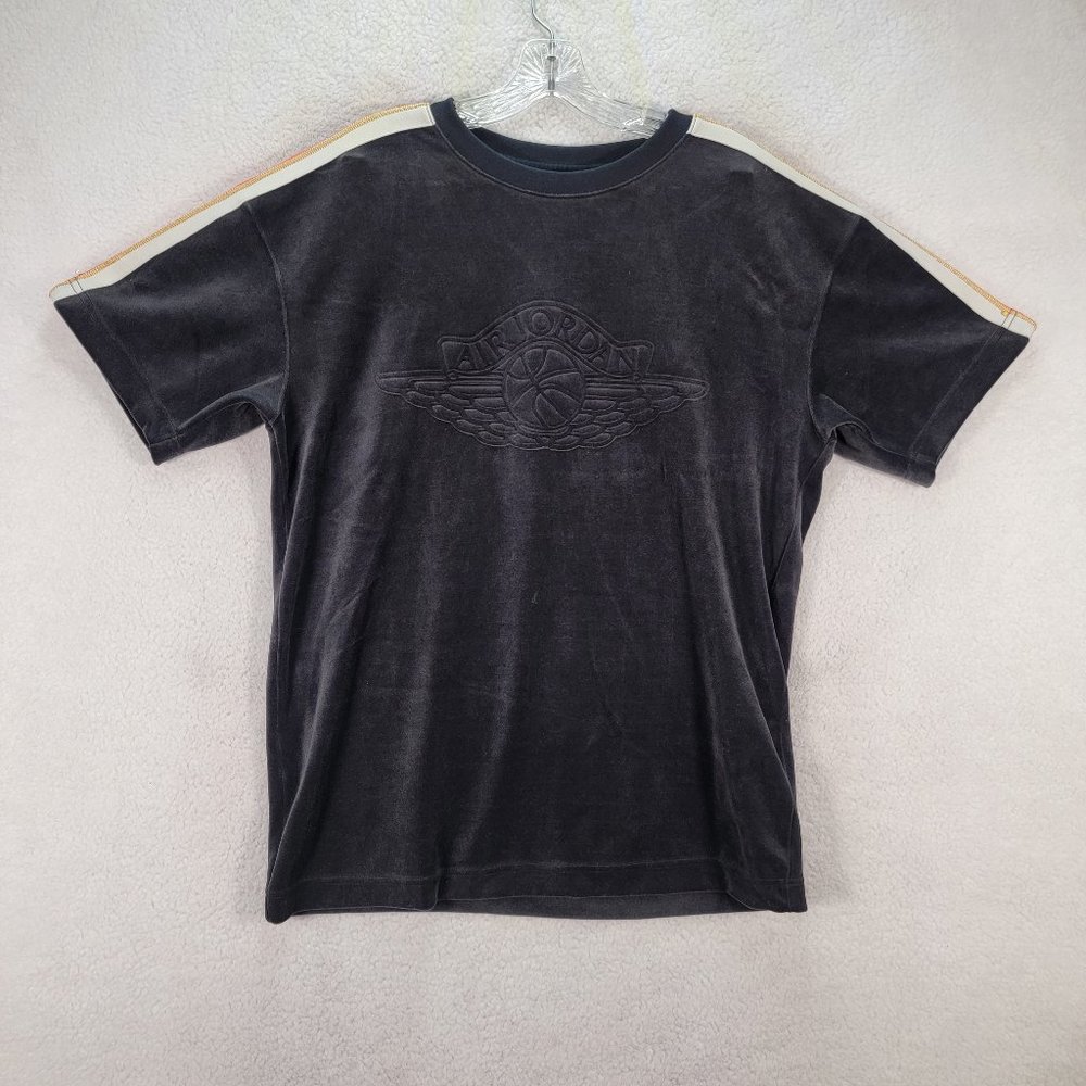 Black Velour Striped Hip Hop Crew Neck Sports Athleisure Classic Casual T Shirt
